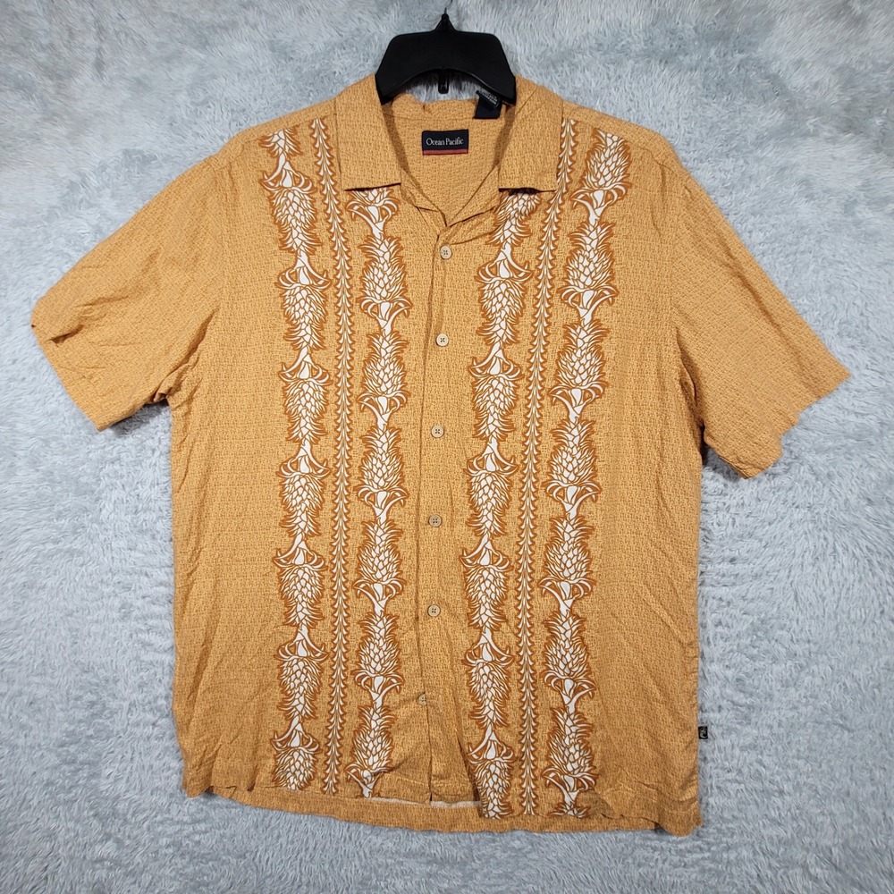 Ocean Pacific Button‎ Up Mens Large Orange Pineapple Print Camp Hawaiian